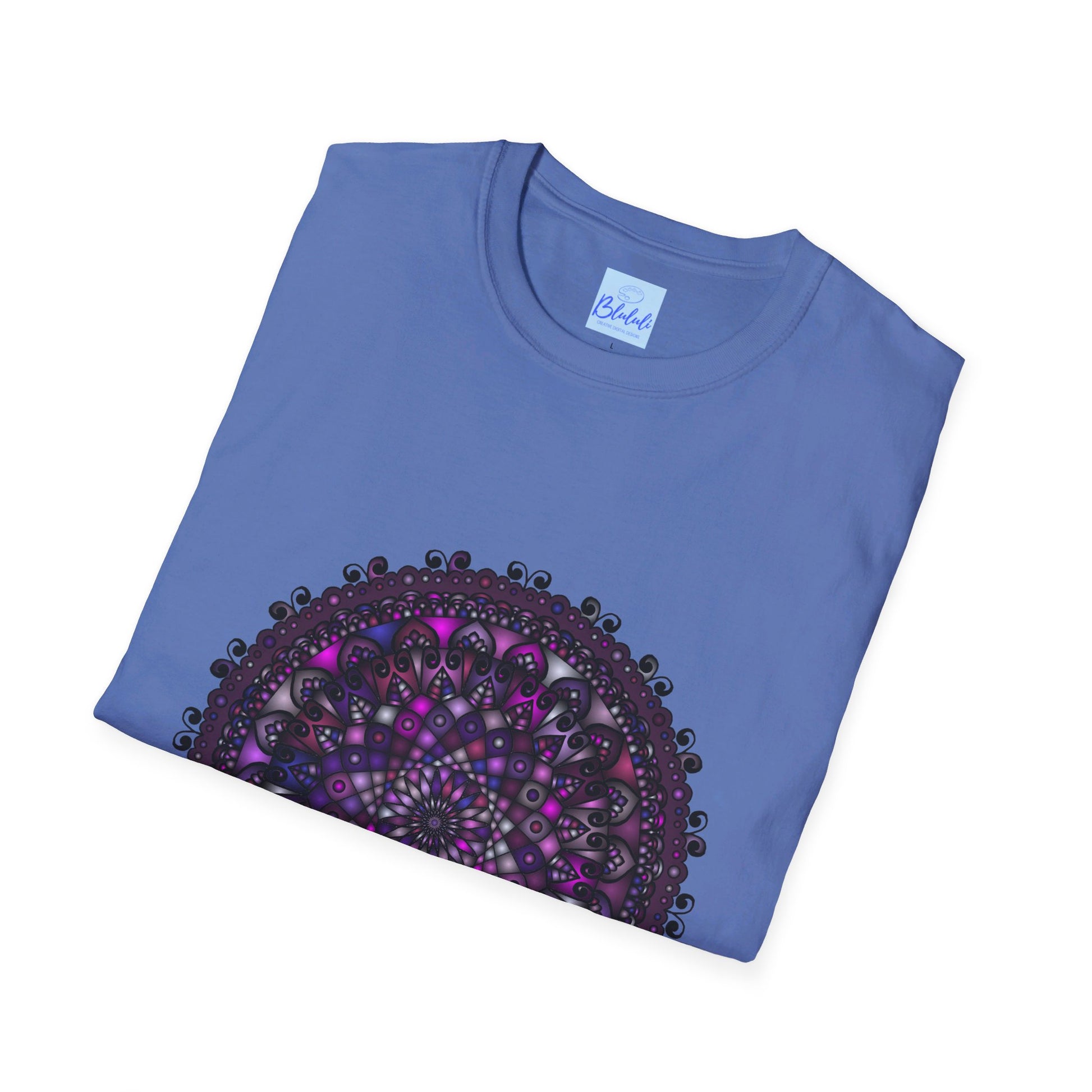 Soft purple mandala art unisex t-shirt with hand-drawn design on front