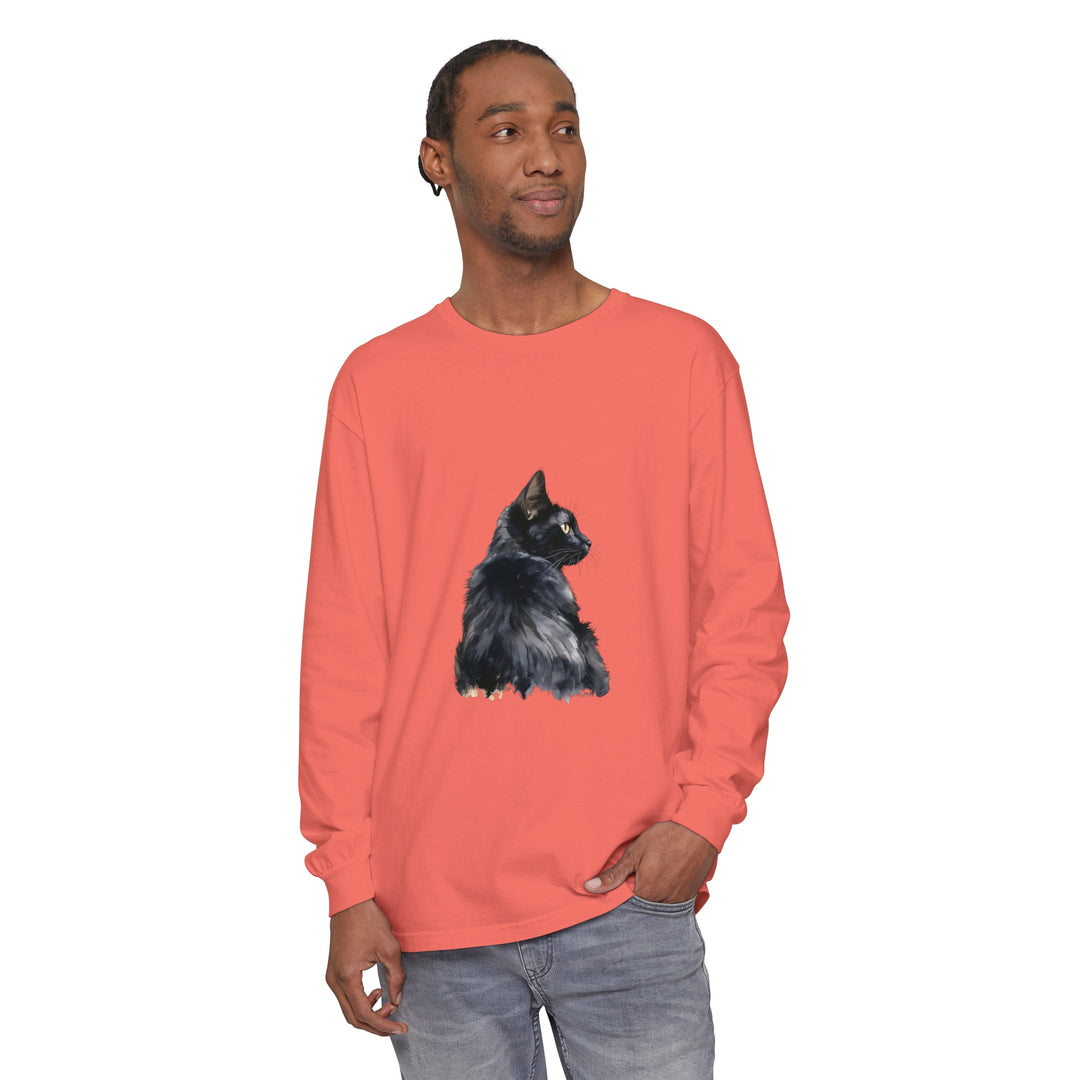 Black Cat Watercolor Long Sleeve T-Shirt featuring a stunning watercolor design of a black cat on a comfortable long sleeve shirt