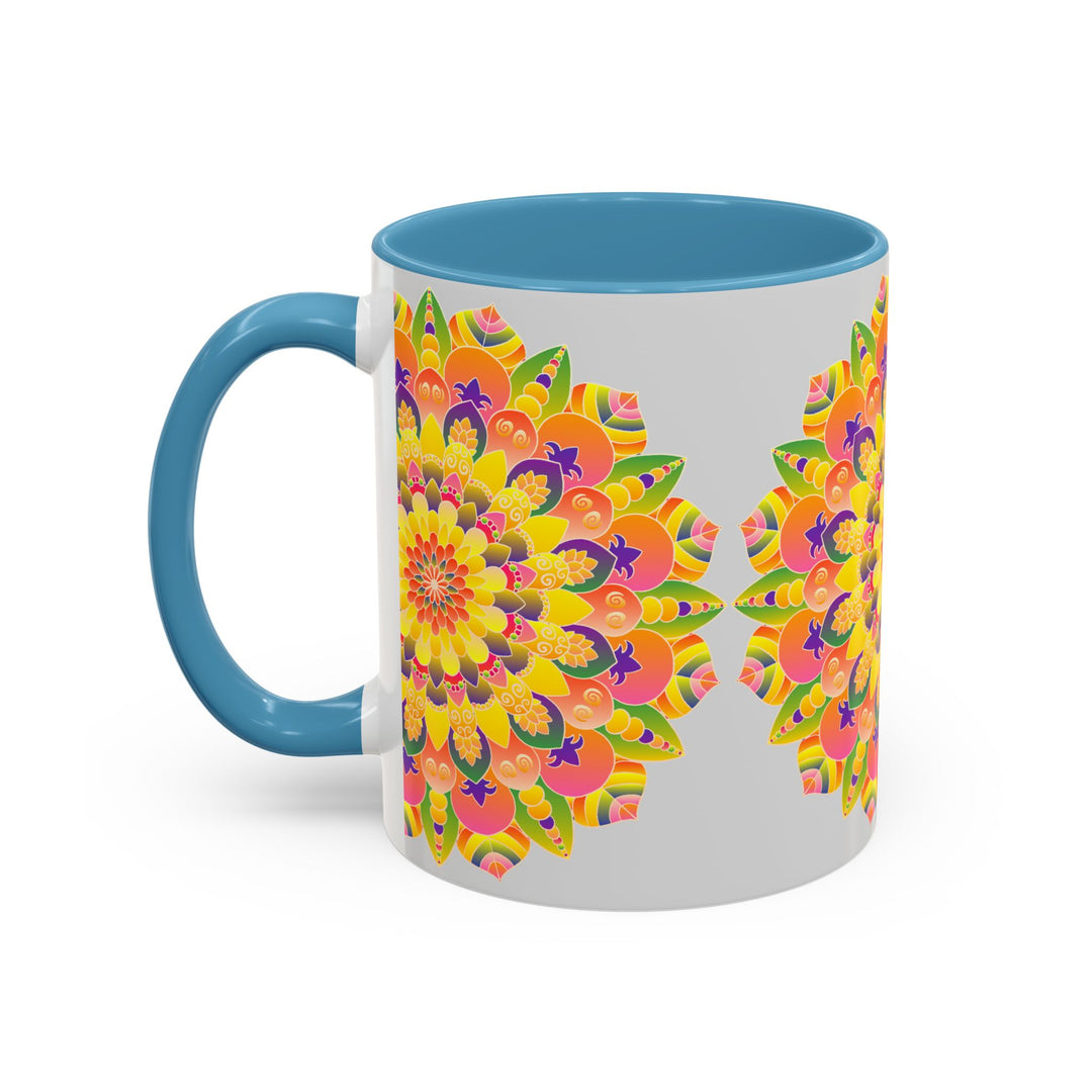 Close up of colorful mandala mug with bohemian art design and intricate details