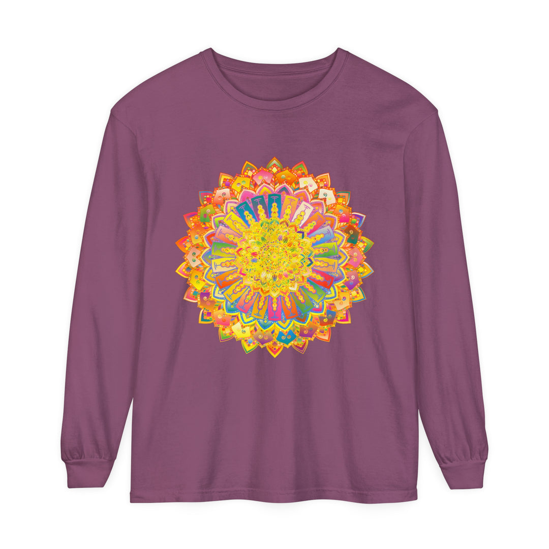 A close-up image of a colorful and intricate mandala design featured on a unisex long sleeve t-shirt