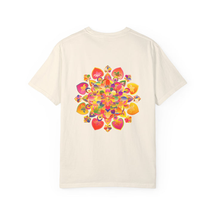 Colorful and intricate hand-drawn mandala design featured on vibrant t-shirt