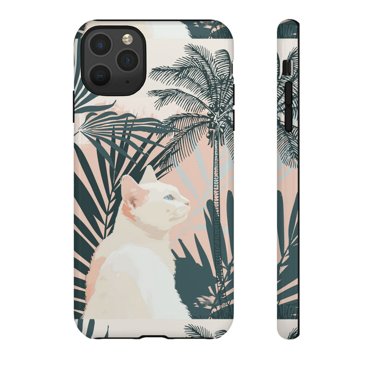 Tropische Katzen-Telefonhülle mit üppigen Palmenmotiven und sanften Pastelltönen