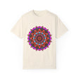 Colorful unisex mandala t-shirt made from 100% ring-spun cotton, hand-drawn mandala art, and garment-dyed for extra comfort