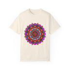 Colorful unisex mandala t-shirt made from 100% ring-spun cotton, hand-drawn mandala art, and garment-dyed for extra comfort
