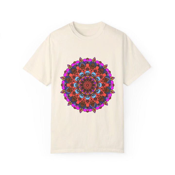 Colorful unisex mandala t-shirt made from 100% ring-spun cotton, hand-drawn mandala art, and garment-dyed for extra comfort