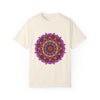 Colorful unisex mandala t-shirt made from 100% ring-spun cotton, hand-drawn mandala art, and garment-dyed for extra comfort