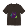 Vibrant purple t-shirt with abstract cat design, perfect for lovers of mystery and felines