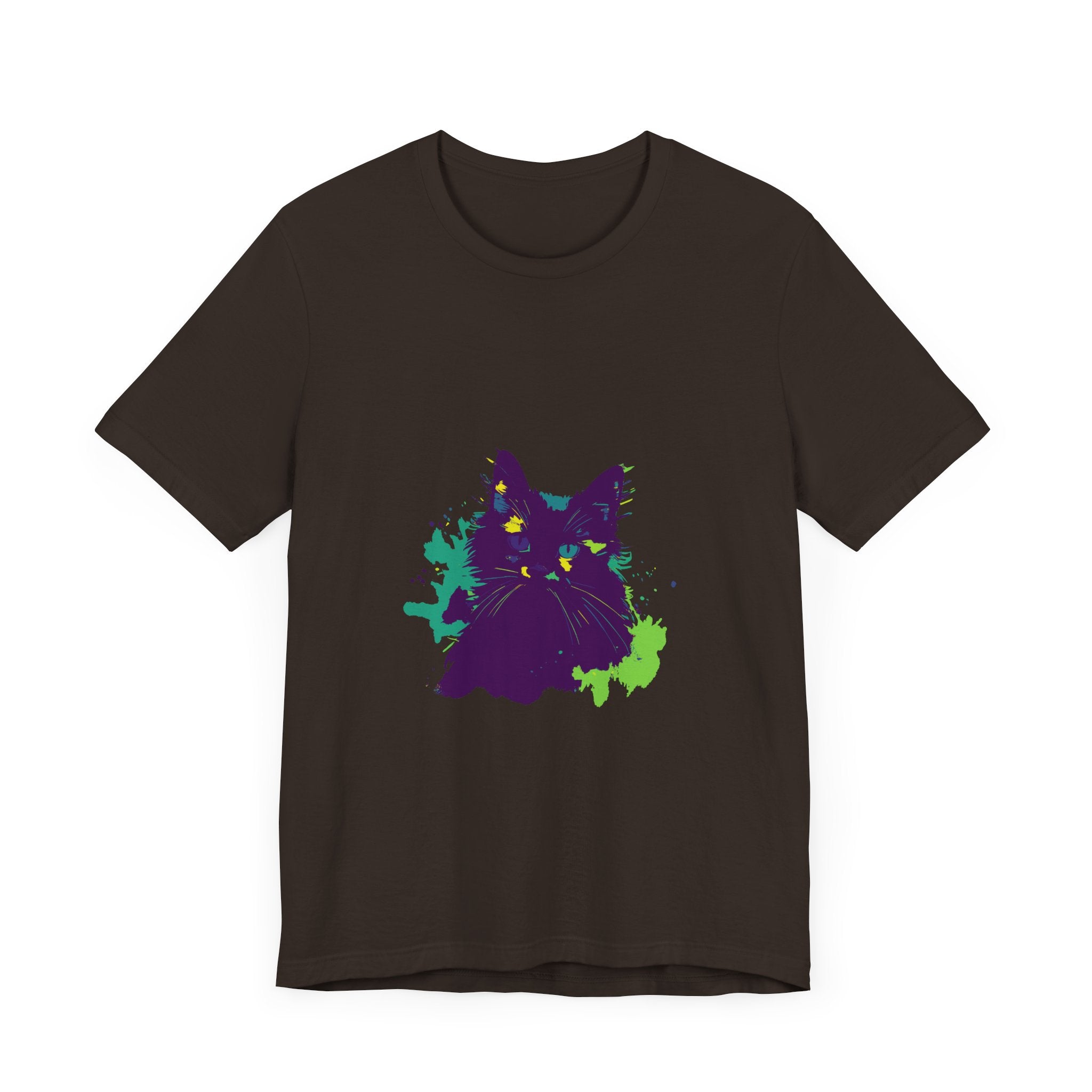 Vibrant purple t-shirt with abstract cat design, perfect for lovers of mystery and felines