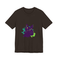 Vibrant purple t-shirt with abstract cat design, perfect for lovers of mystery and felines