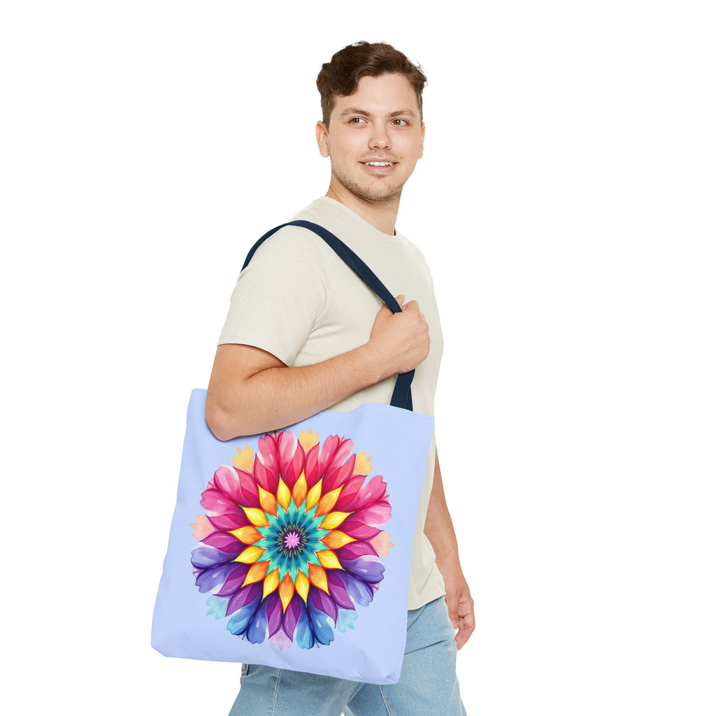 Colorful rainbow mandala tote bag with intricate geometric patterns and vibrant hues