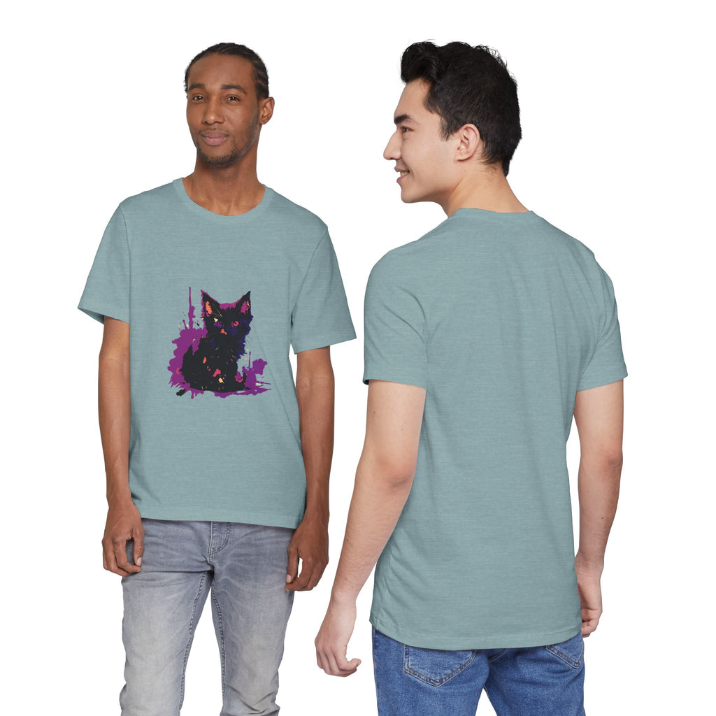 Schwarzes Katzenrätsel – Lila Farbspritzer-T-Shirt