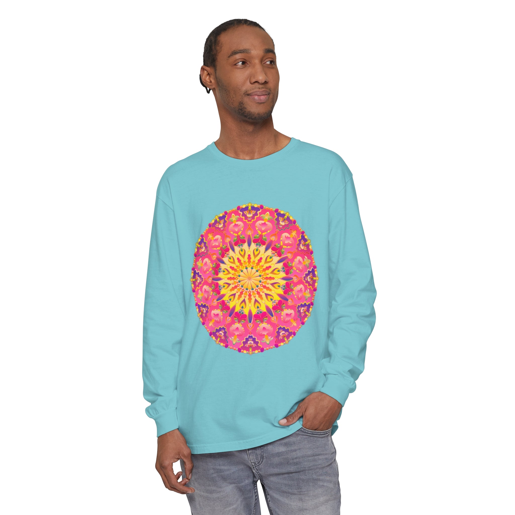 Colorful mandala design long sleeve unisex t-shirt in vibrant hues