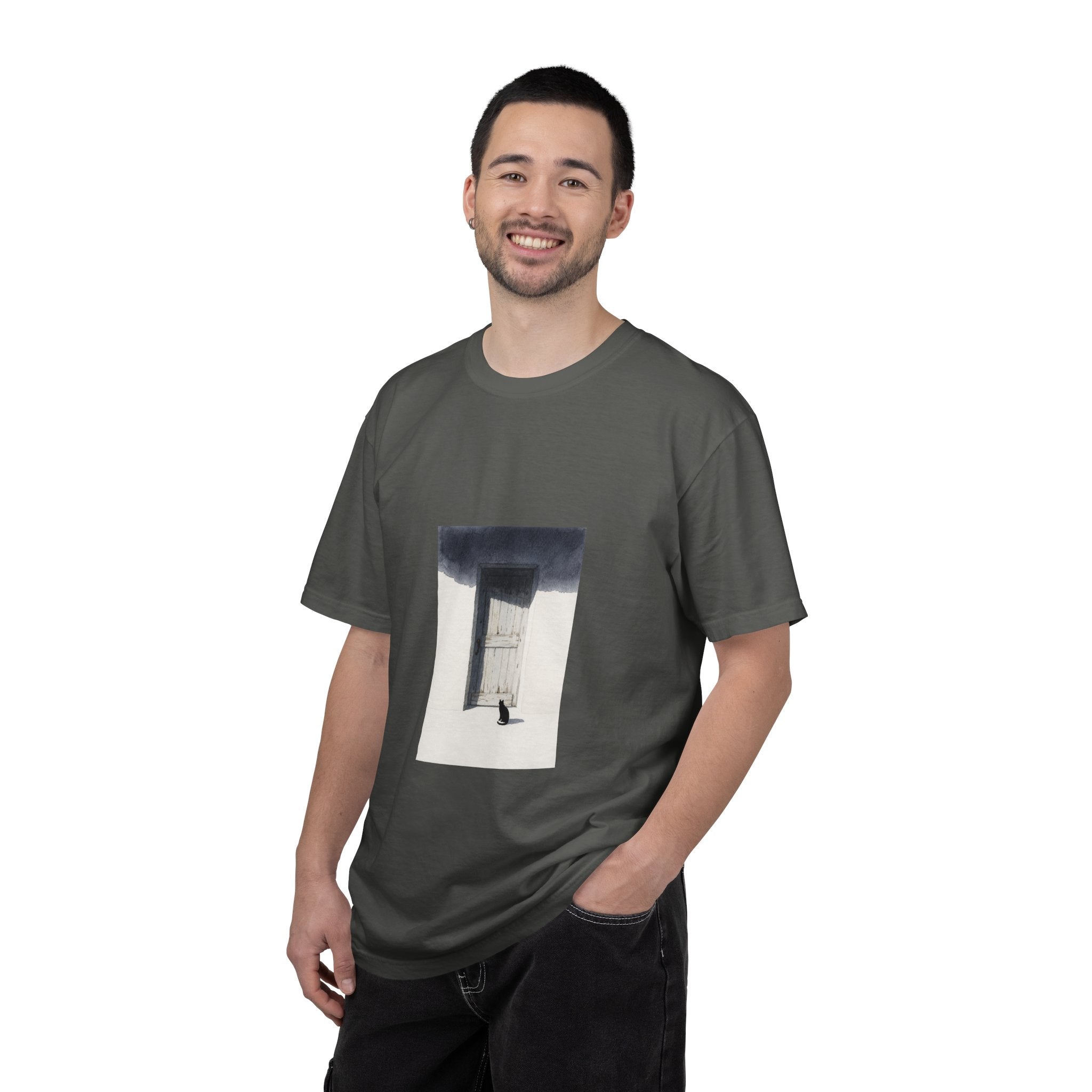 T-Shirt — Minimal Art Cat at Door Graphic Tee