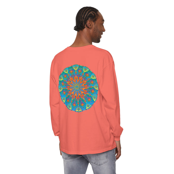 Colorful rainbow mandala long sleeve t-shirt with intricate design and vibrant hues