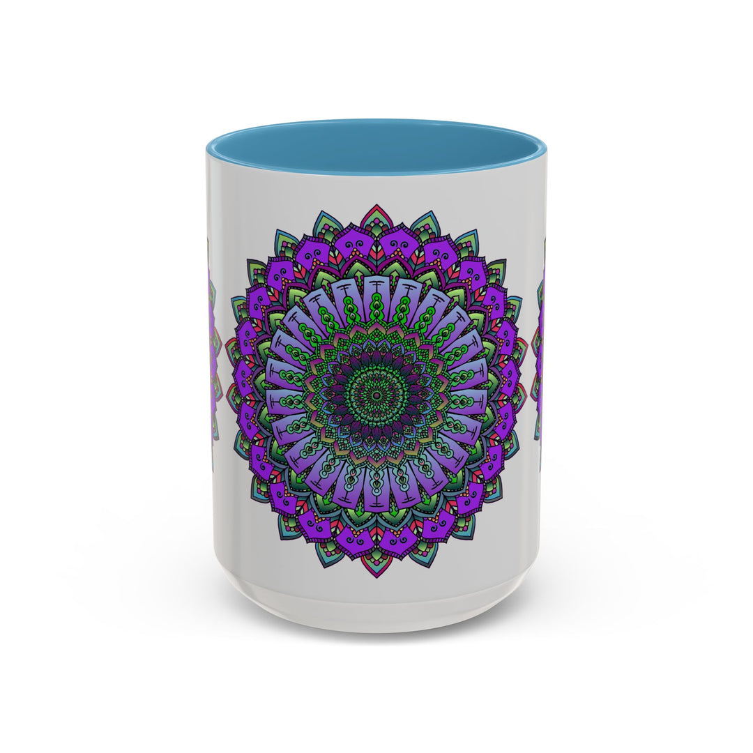 A colorful and intricate mandala design adorns a ceramic mug, perfect for spiritual and artistic individuals