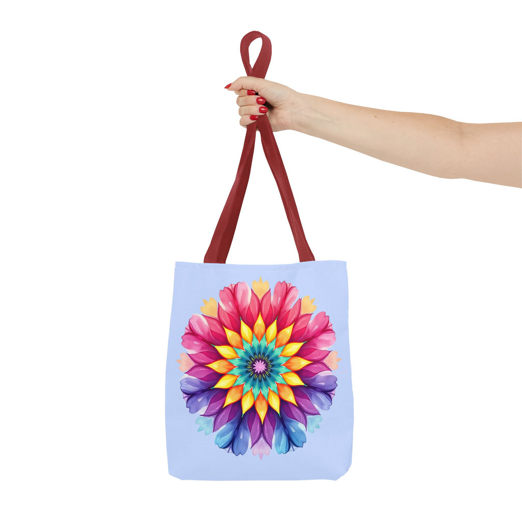 Colorful and vibrant Rainbow Mandala Tote Bag with intricate design and spacious interior for carrying everyday essentials