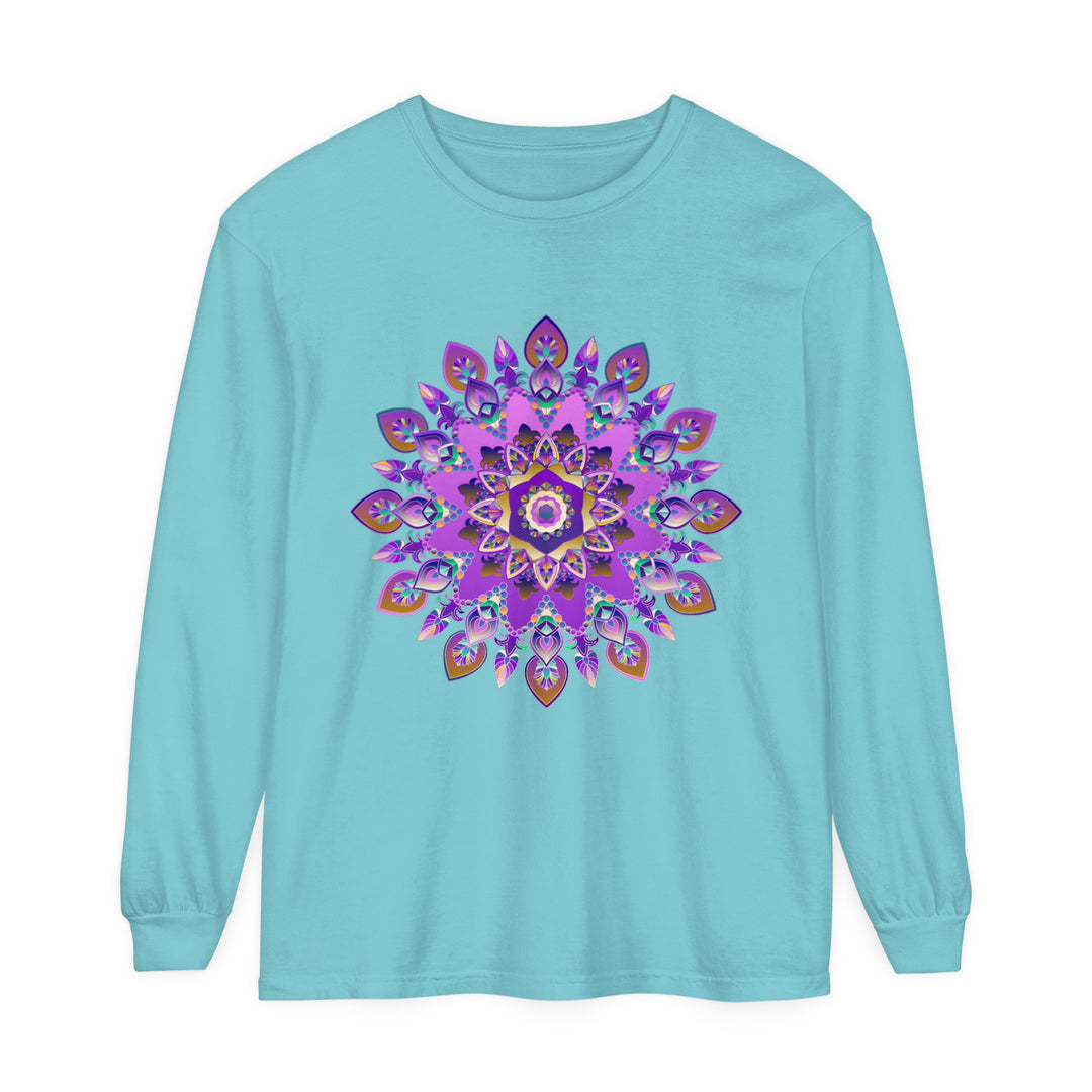 Beautiful purple and gold mandala design on a long sleeve t-shirt