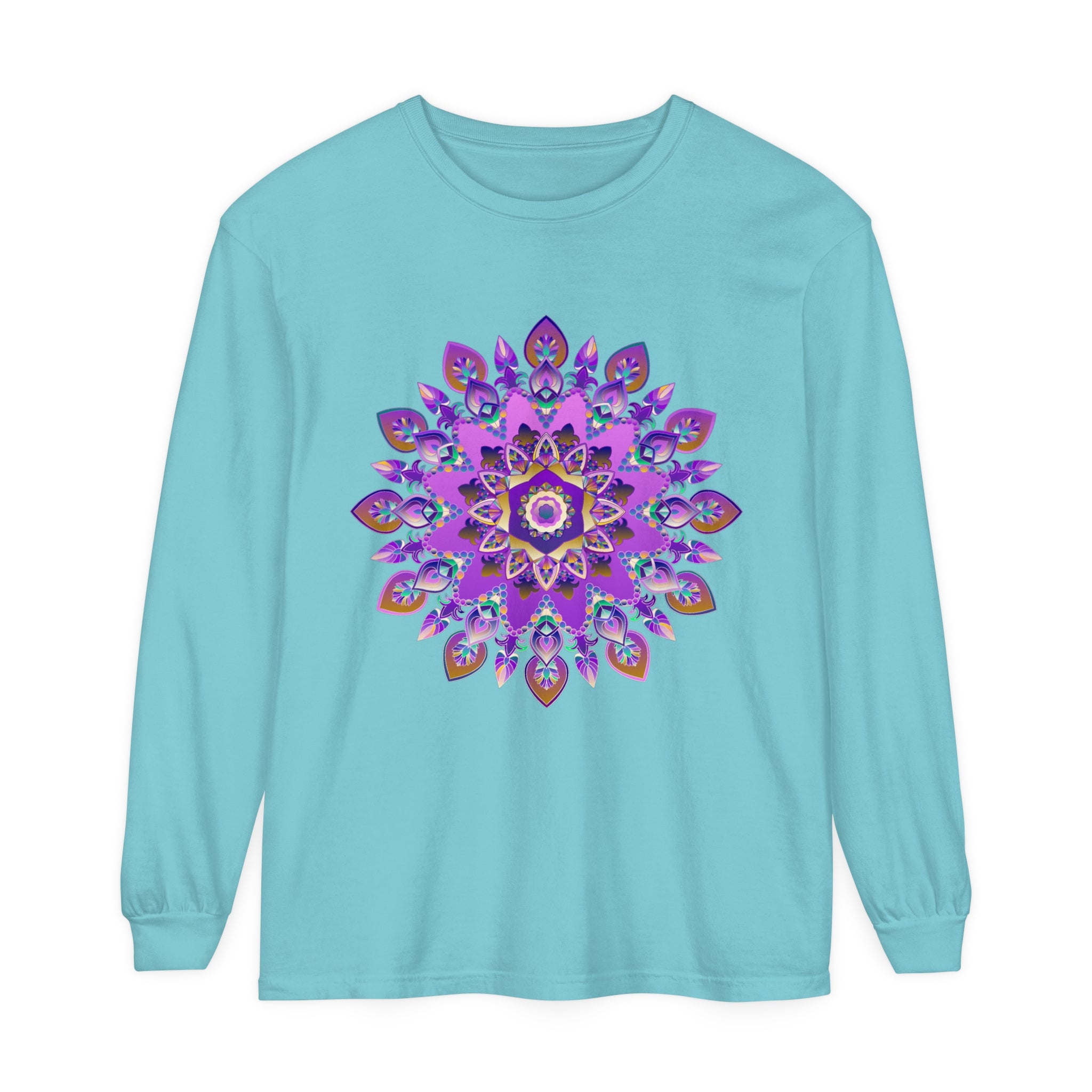 Beautiful purple and gold mandala design on a long sleeve t-shirt