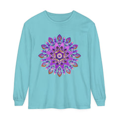 Beautiful purple and gold mandala design on a long sleeve t-shirt
