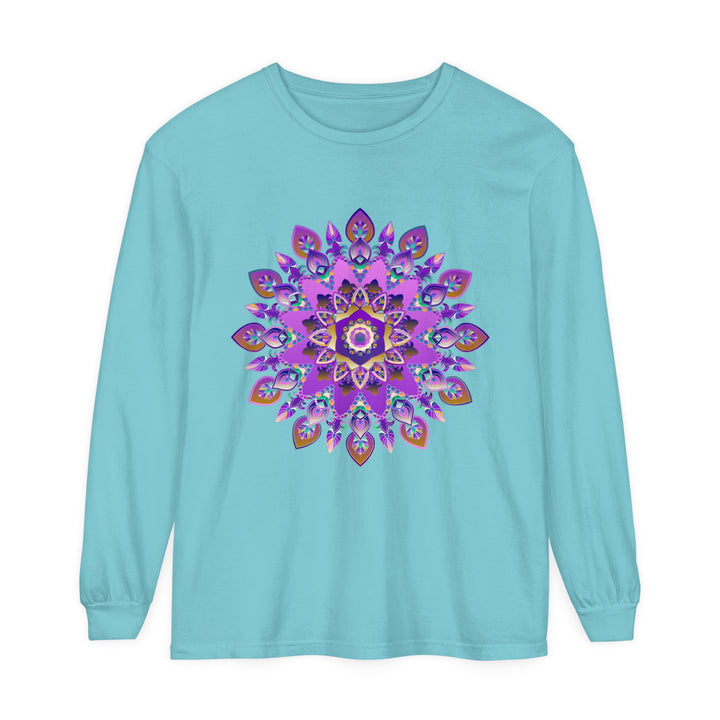 Beautiful purple and gold mandala design on a long sleeve t-shirt