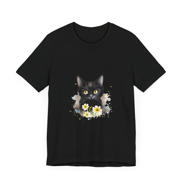 Black t-shirt featuring a striking image of a black cat with intense yellow eyes