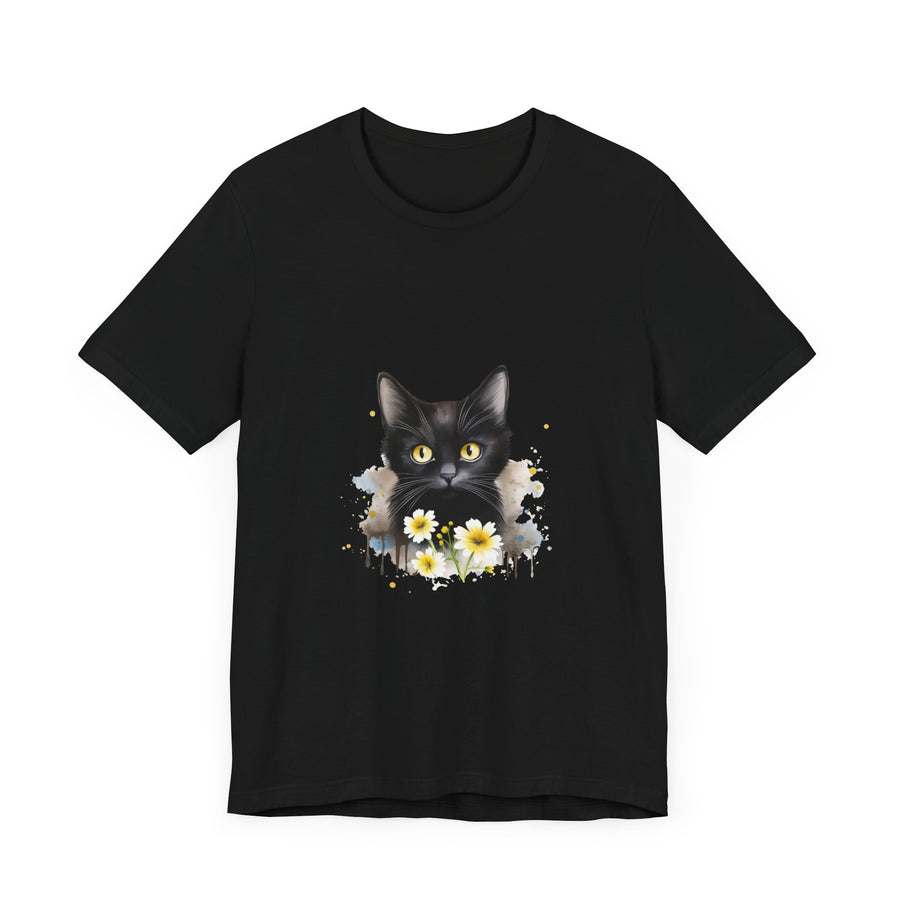 Black t-shirt featuring a striking image of a black cat with intense yellow eyes
