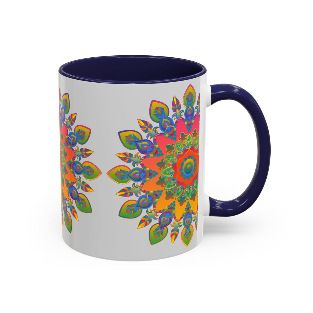 Colorful Mandala Mug featuring intricate and vibrant art on a neutral grey background