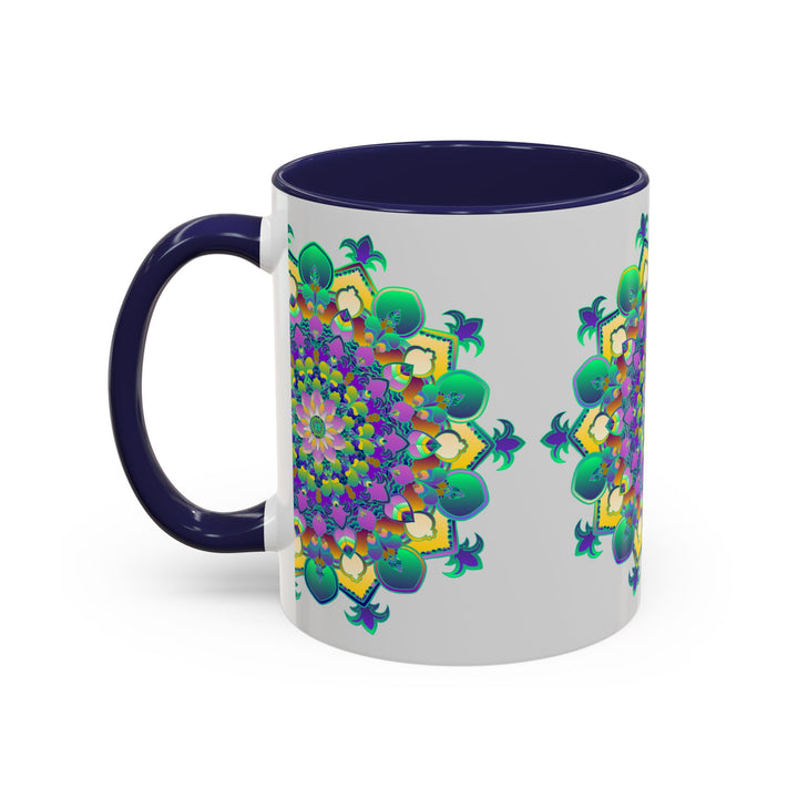 Vibrant mandala art mug in light grey featuring intricate and colorful design