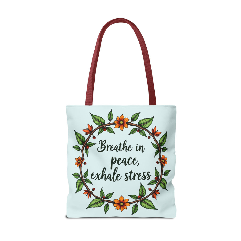 A close-up image of a white tote bag with a beautiful flower crown design, showcasing the Serene Style product