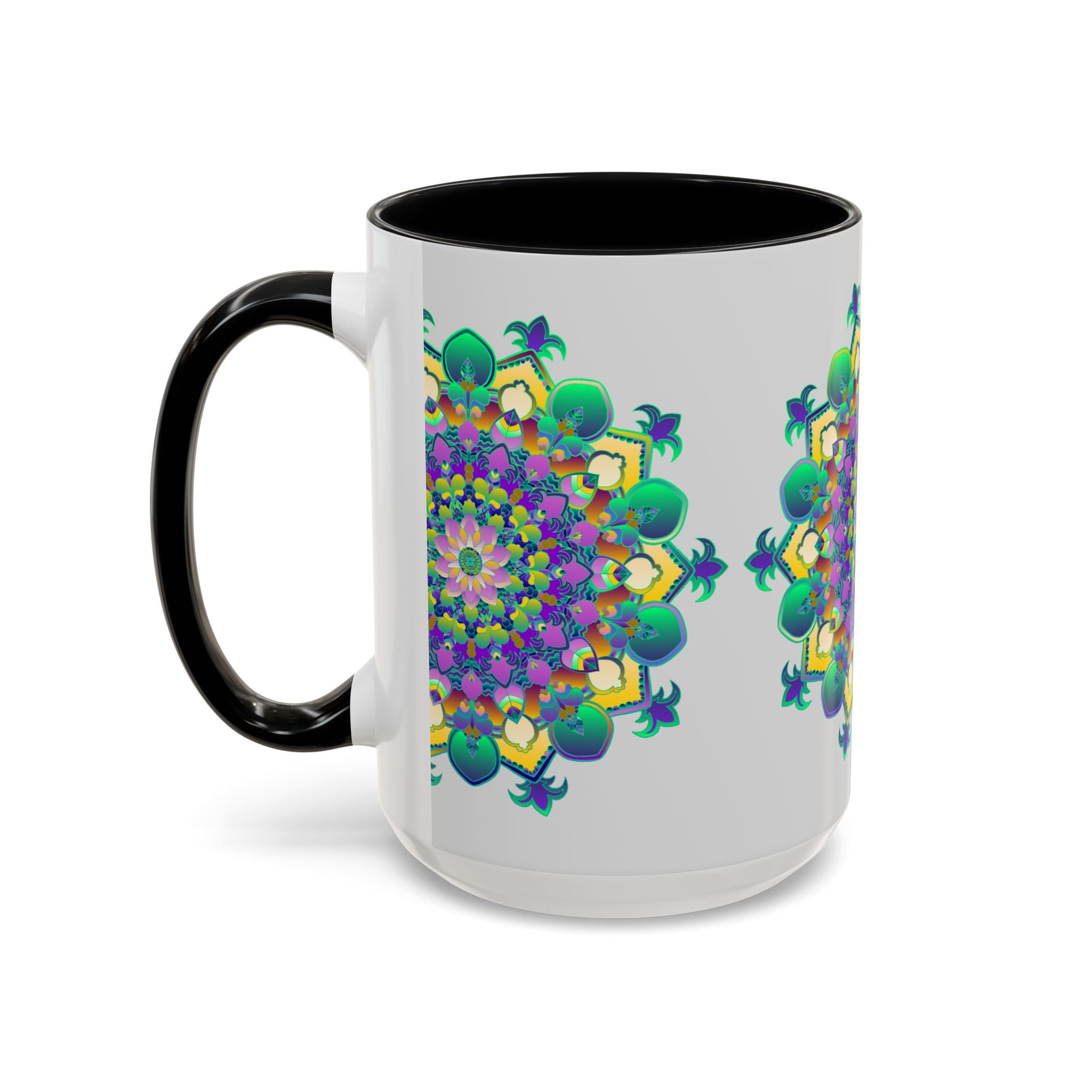 Beautiful light grey mug featuring a vibrant mandala art design