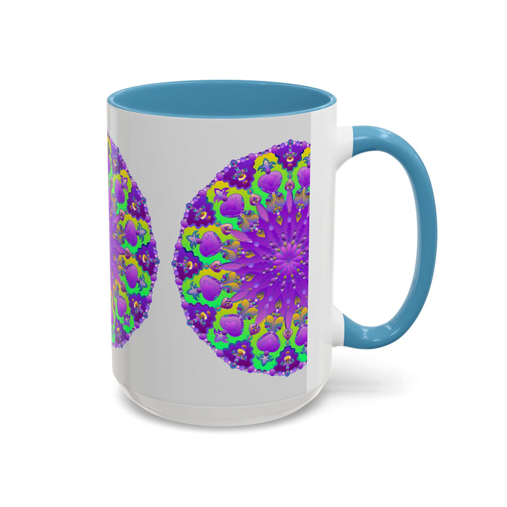 Beautiful purple mandala design on a grey mug, a vibrant and eye-catching piece of art for your morning coffee routine