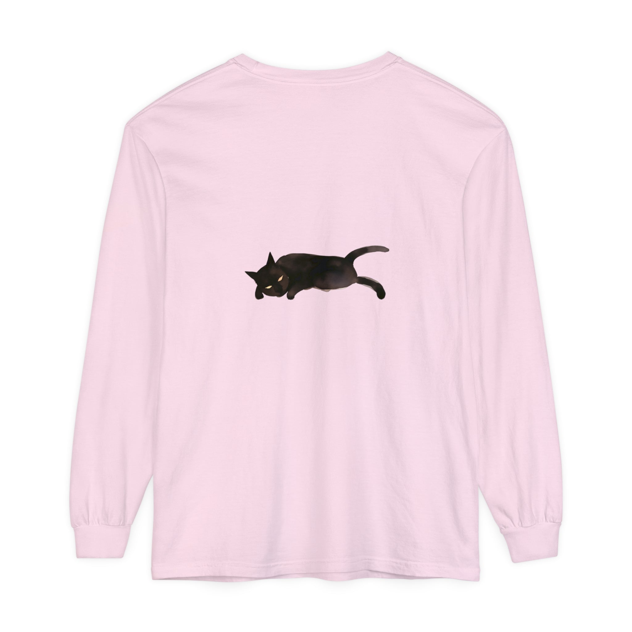 A cozy black unisex long sleeve t-shirt featuring a sleeping cat design