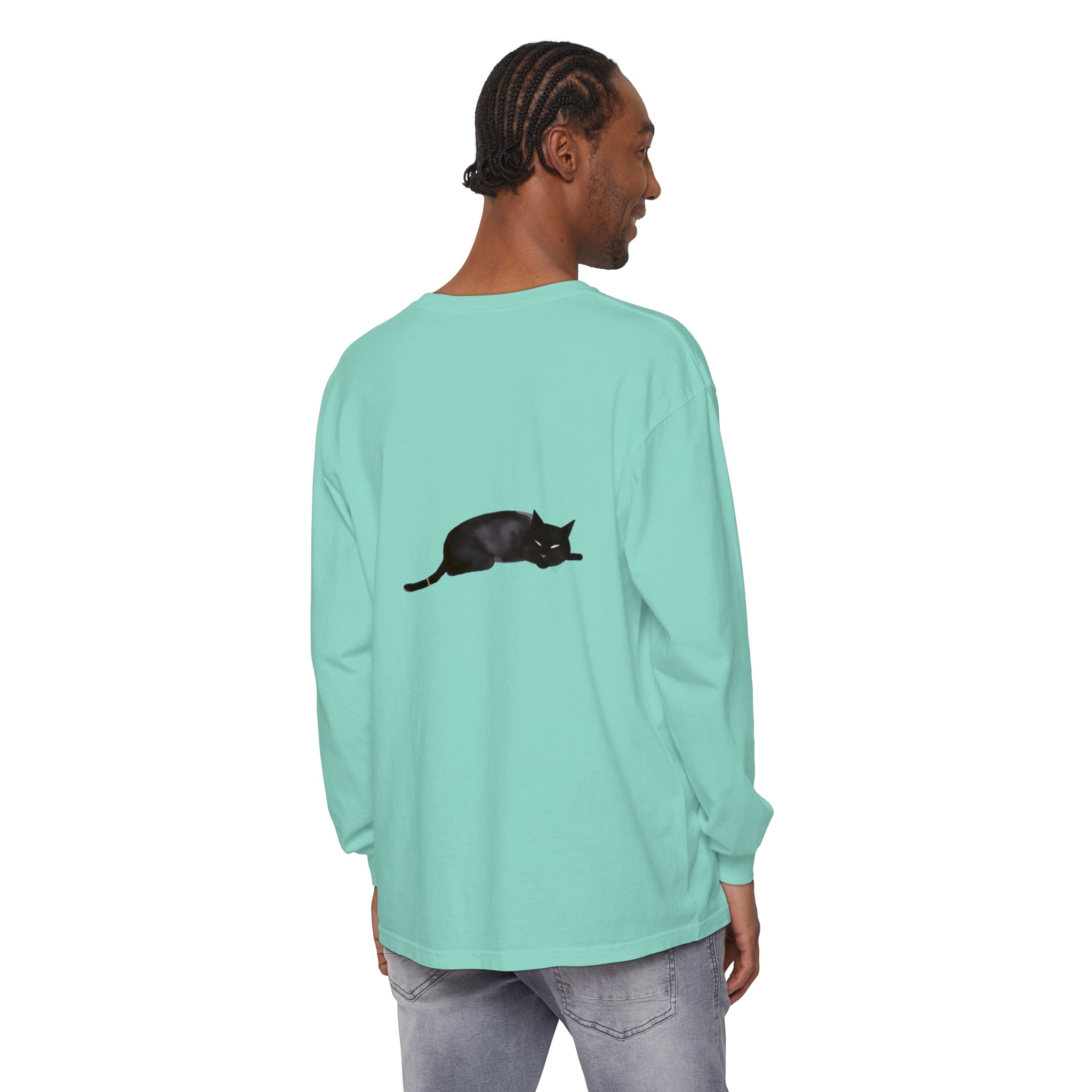 A cozy unisex long sleeve t-shirt featuring a sleeping black cat design