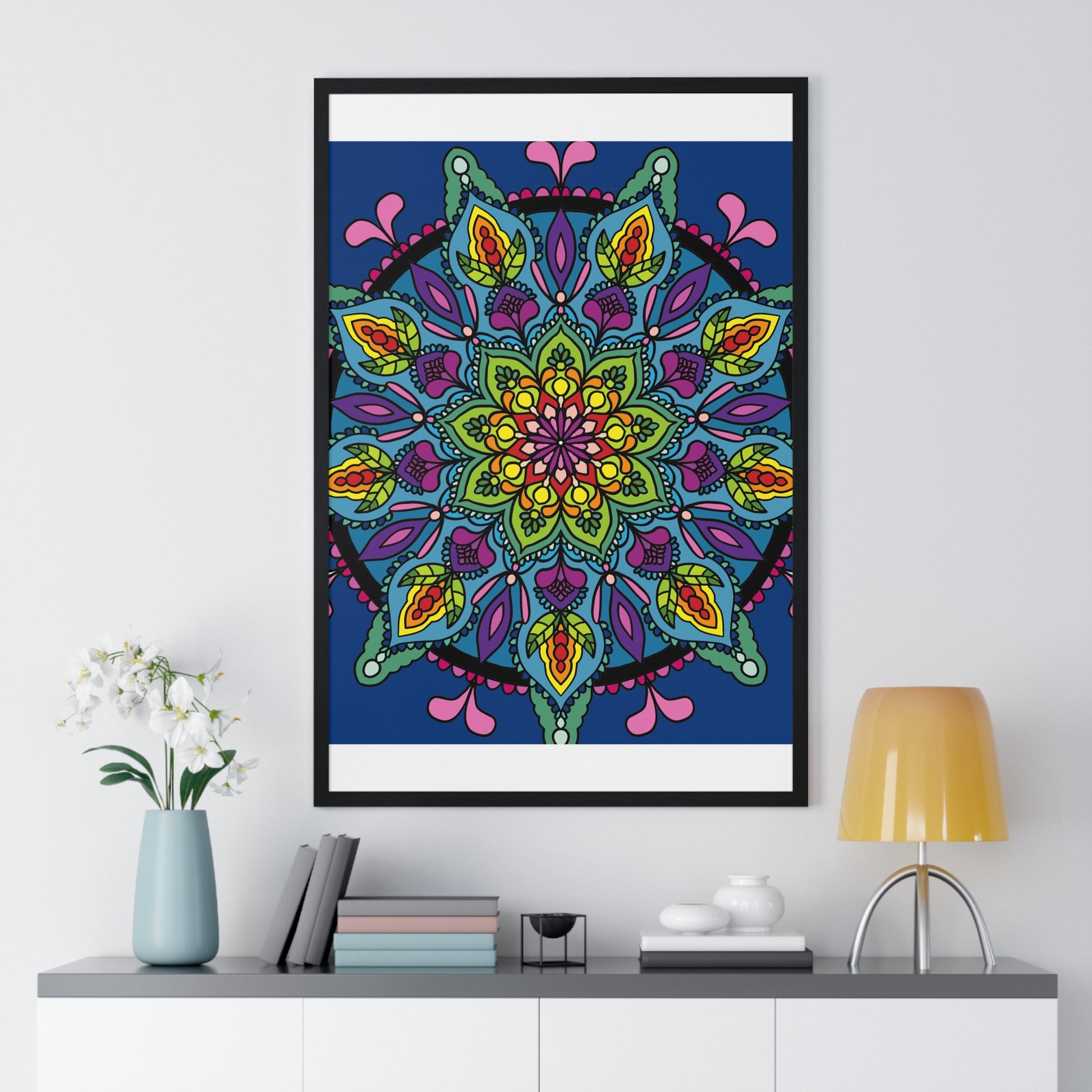 Hand-drawn vertical framed poster featuring a blue mandala for mindfulness and yoga