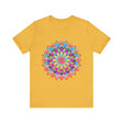 Colorful mandala flower t-shirt featuring vibrant psychedelic art design for a unique and eye-catching look