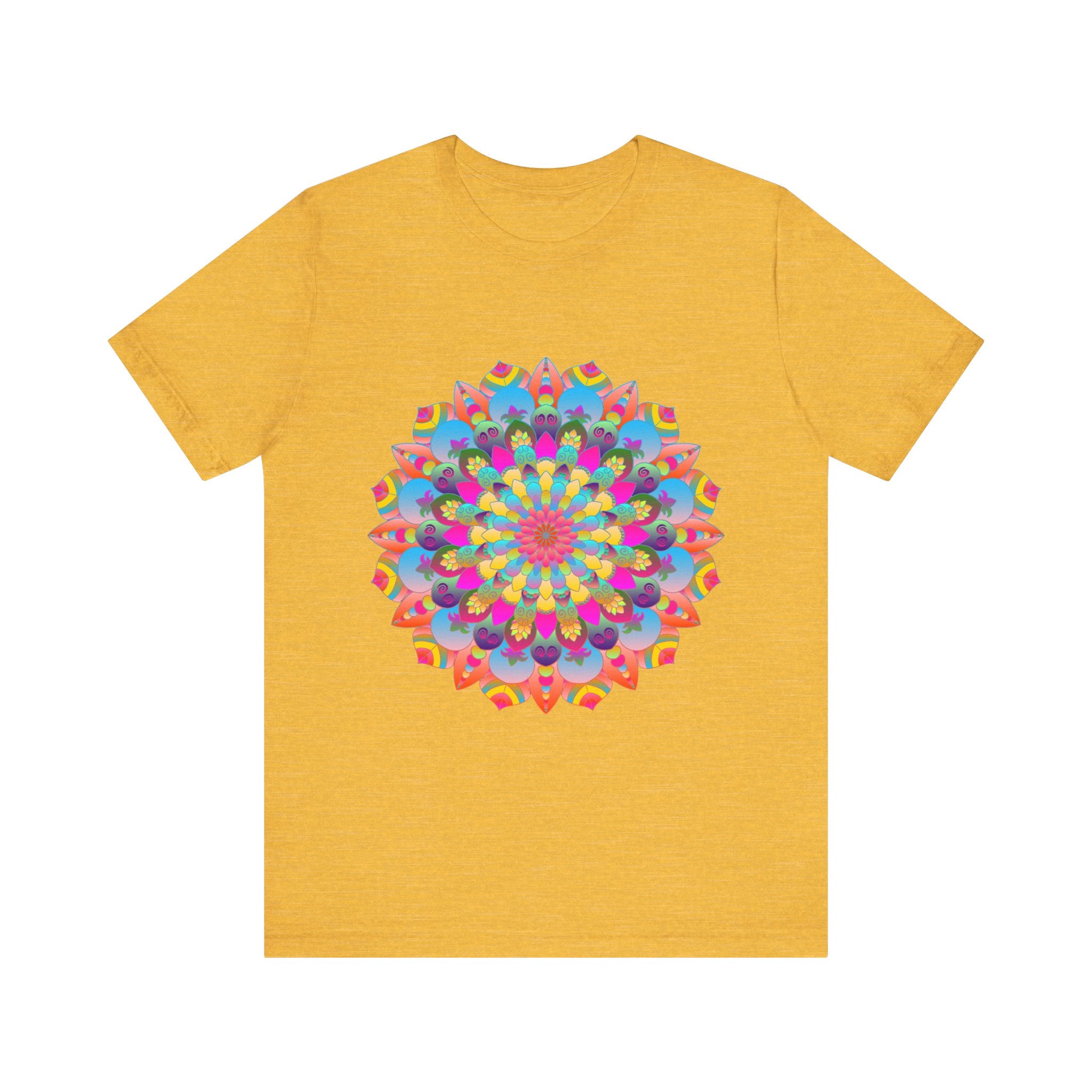 Colorful mandala flower t-shirt featuring vibrant psychedelic art design for a unique and eye-catching look