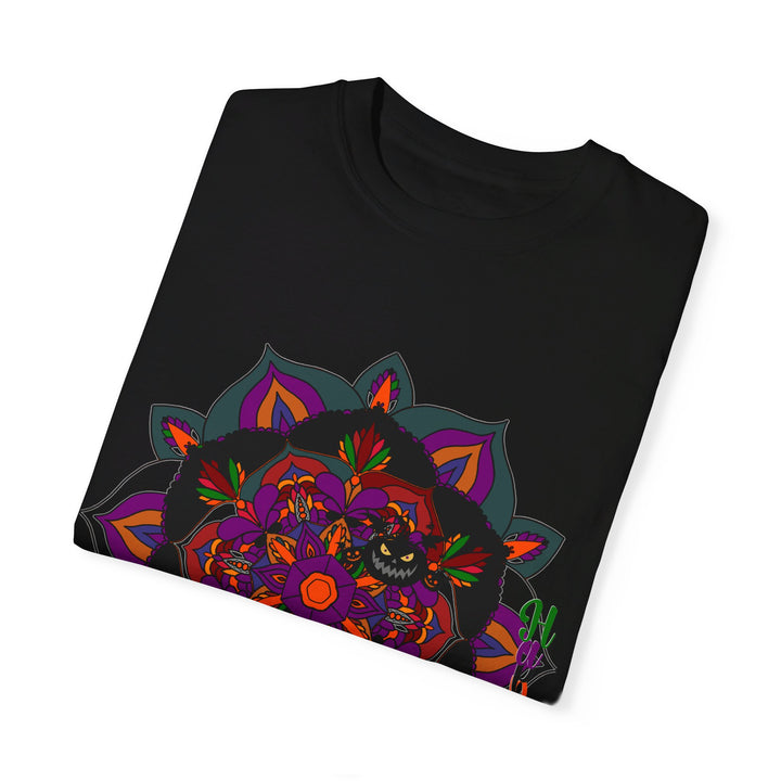 Handmade unisex Halloween mandala t-shirt featuring pumpkin mandala art, garment-dyed tee