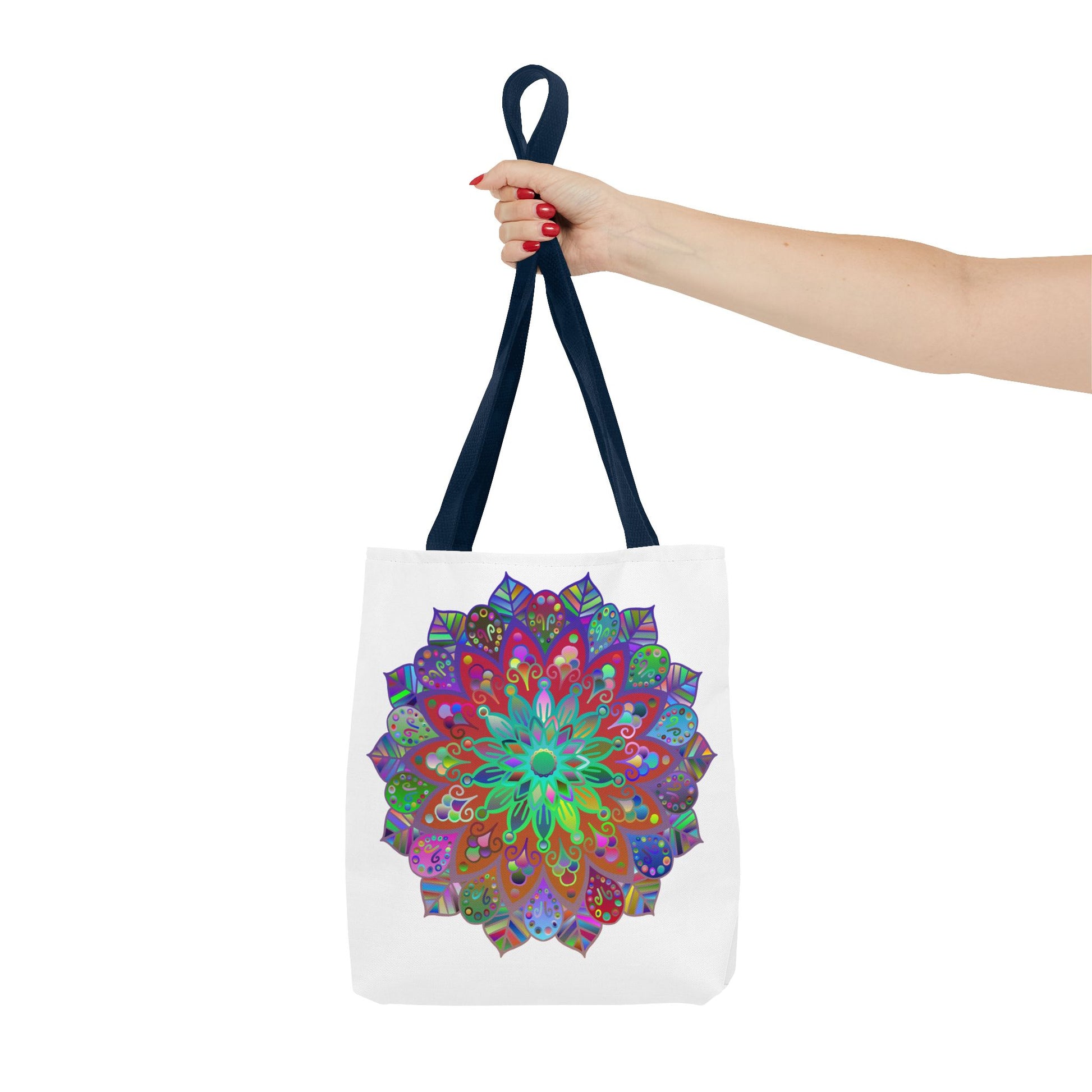 Vibrant and intricate mandala design tote bag featuring a variety of colors and patterns, perfect for adding a touch of bohemian style to any outfit