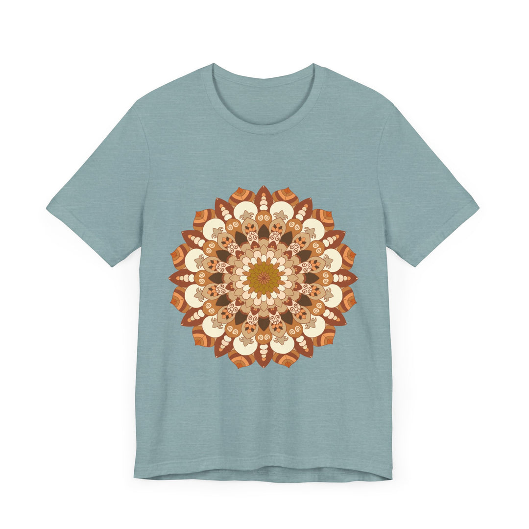 Elegant brown and orange tee with intricate mandala pattern and floral accents