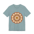 Elegant brown and orange tee with intricate mandala pattern and floral accents