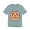 Elegant brown and orange tee with intricate mandala pattern and floral accents