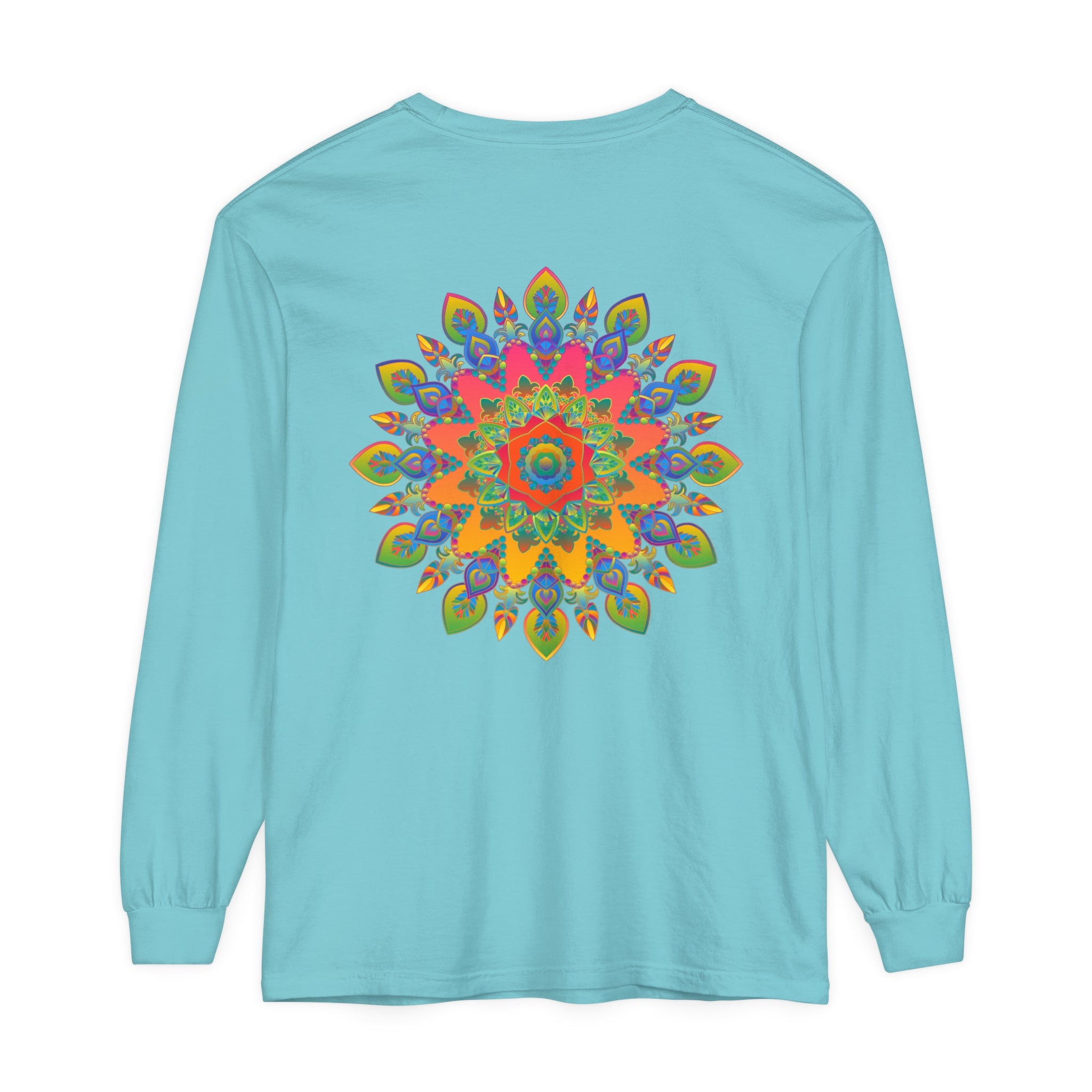 Colorful and intricate mandala design on a unisex long sleeve t-shirt