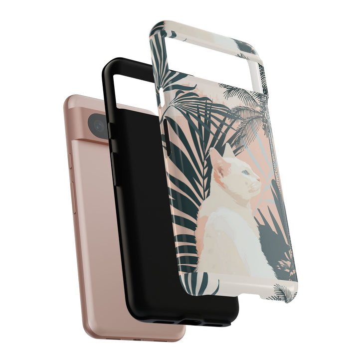 Tropische Katzen-Telefonhülle mit üppigen Palmenmotiven und sanften Pastelltönen