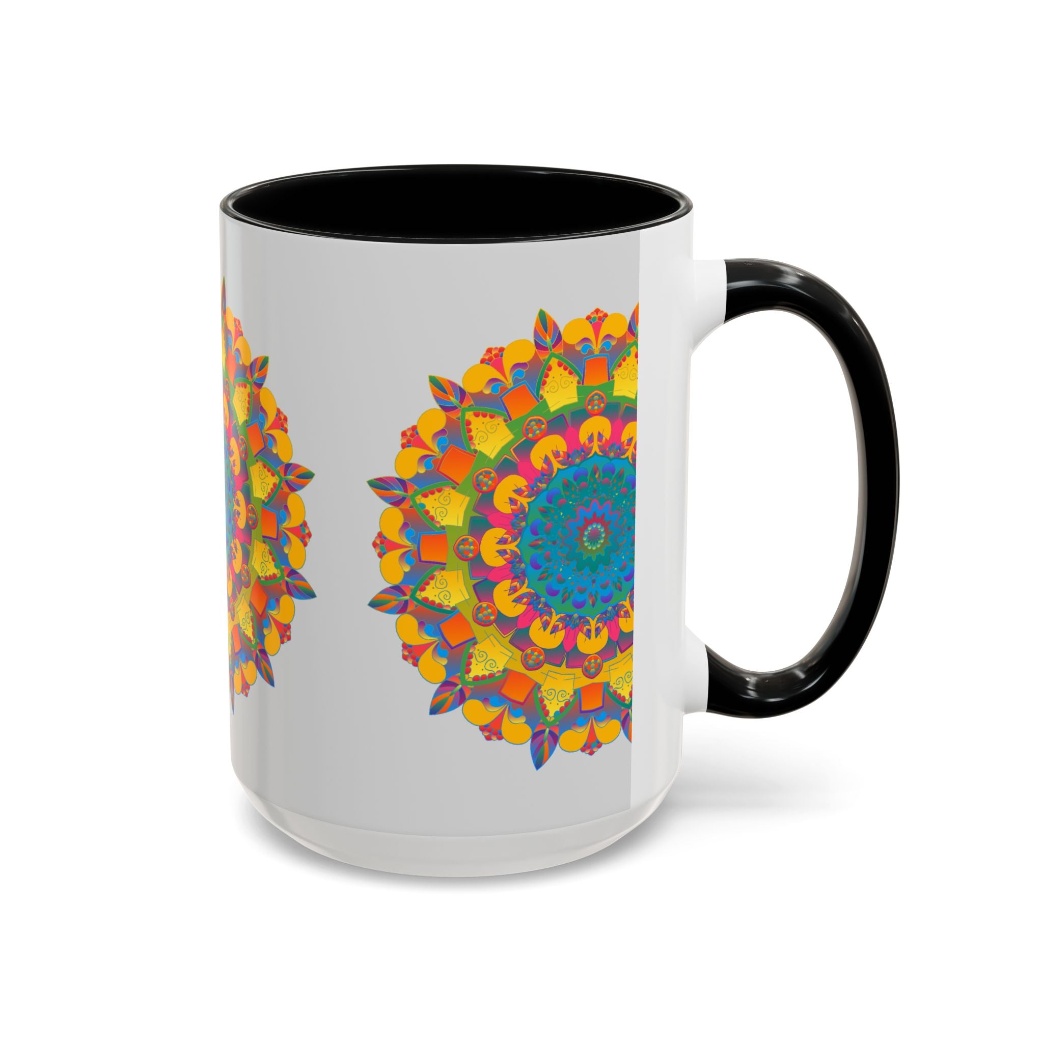 Beautiful handmade ceramic mug with intricate mandala and floral design in vibrant colors