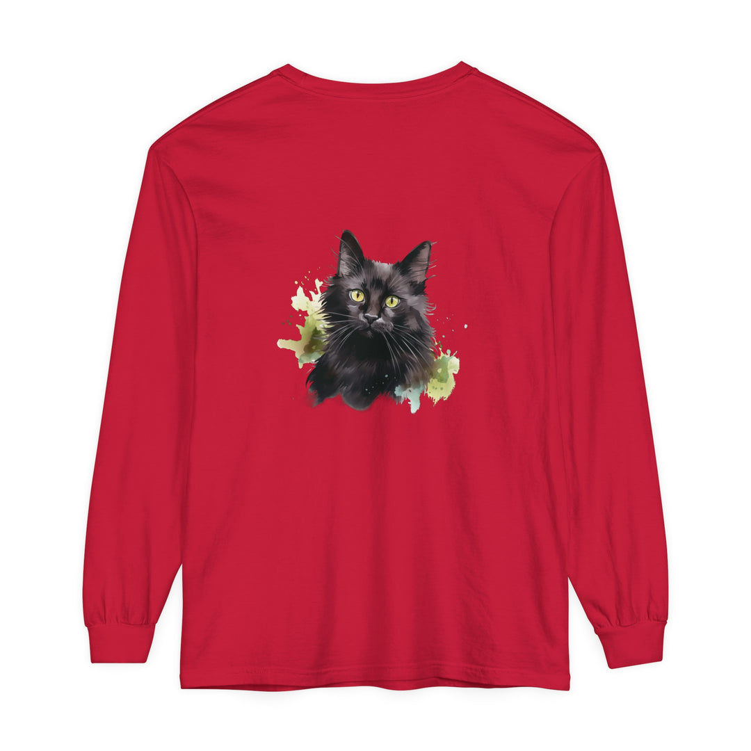 Black Cat Watercolor Splash Long Sleeve T-Shirt with vibrant feline design