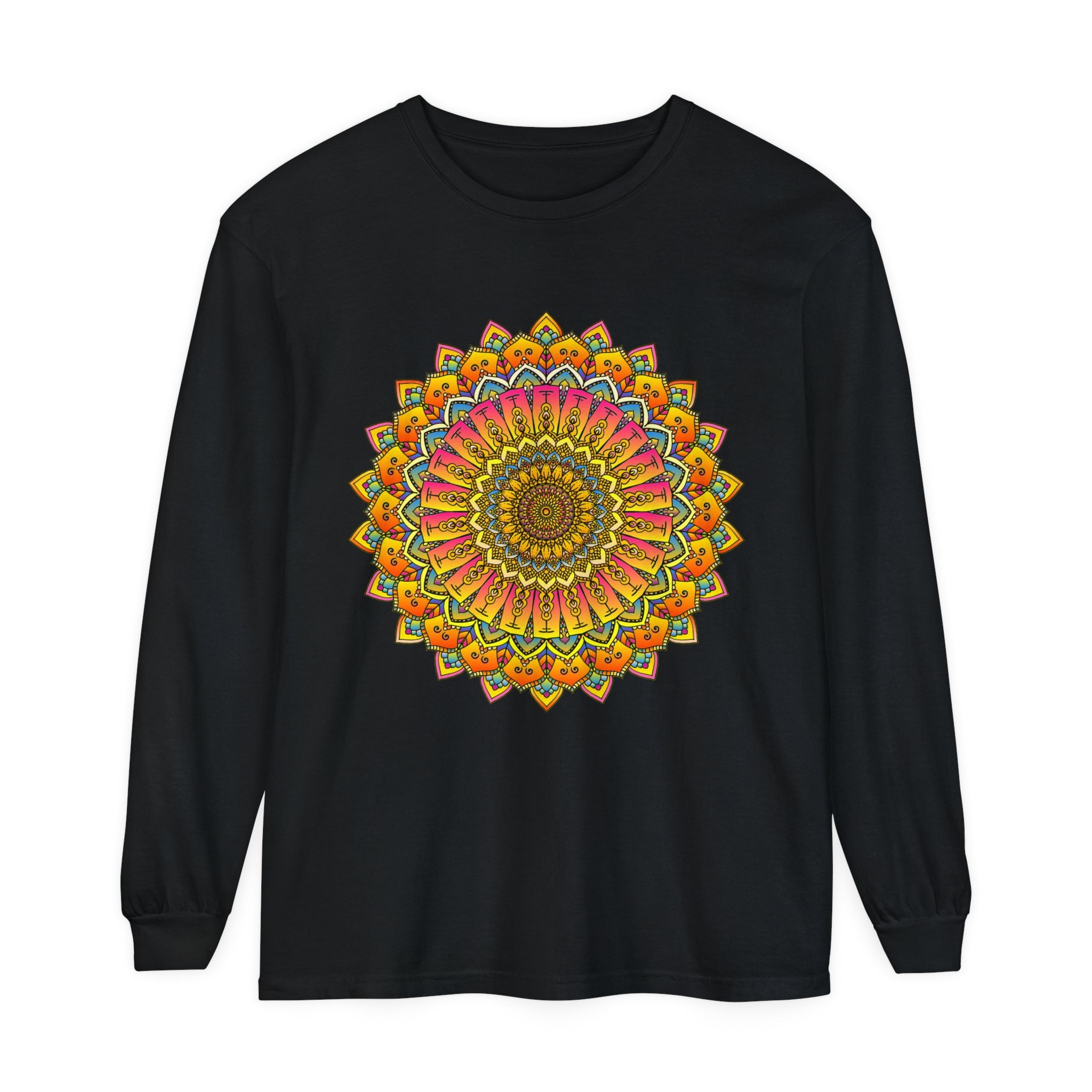 Colorful and intricate hand-drawn mandala design long sleeve t-shirt for men and women