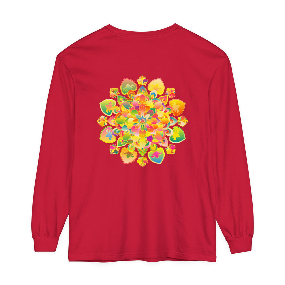 Colorful and intricate mandala design featured on long sleeve t-shirt