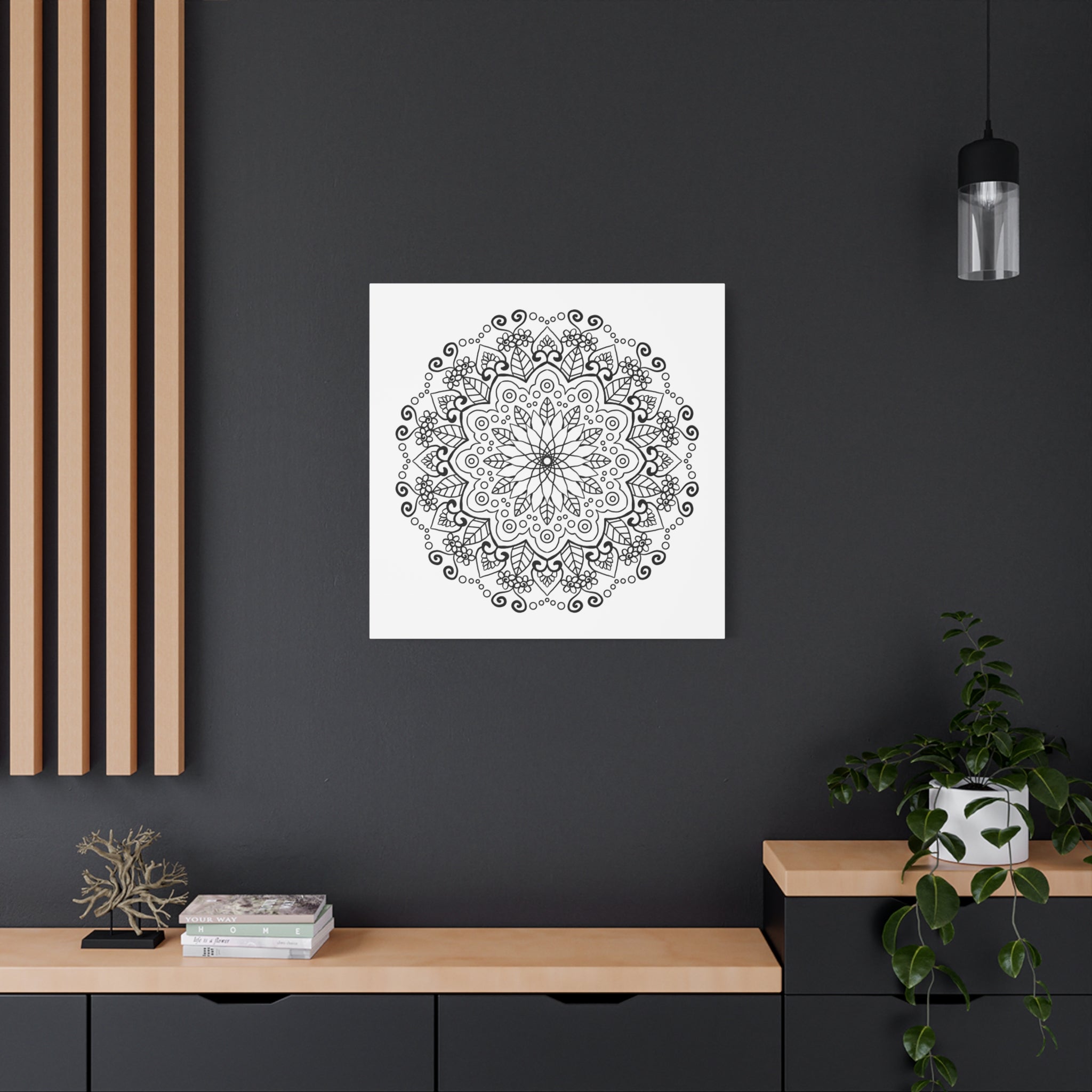 Handmade black and white mandala art on matte canvas, stretched, 125 inches