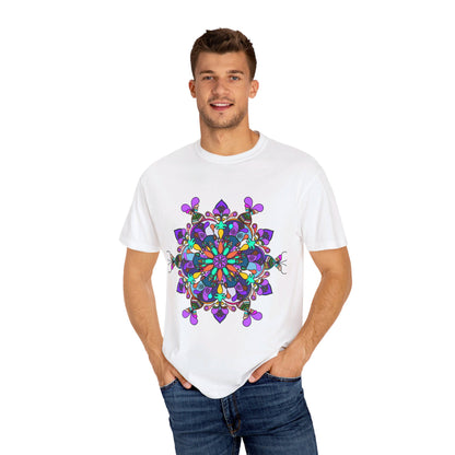 Unisex mandala t-shirt made from 100% ring-spun cotton, garment-dyed for extra comfort, featuring hand-drawn mandala art design