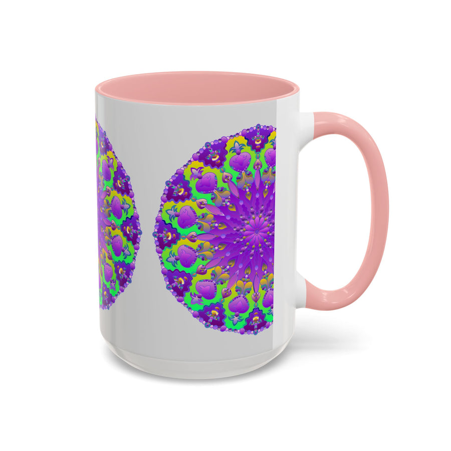 Beautiful purple mandala design on a grey ceramic mug, perfect for adding a pop of color to your morning routine